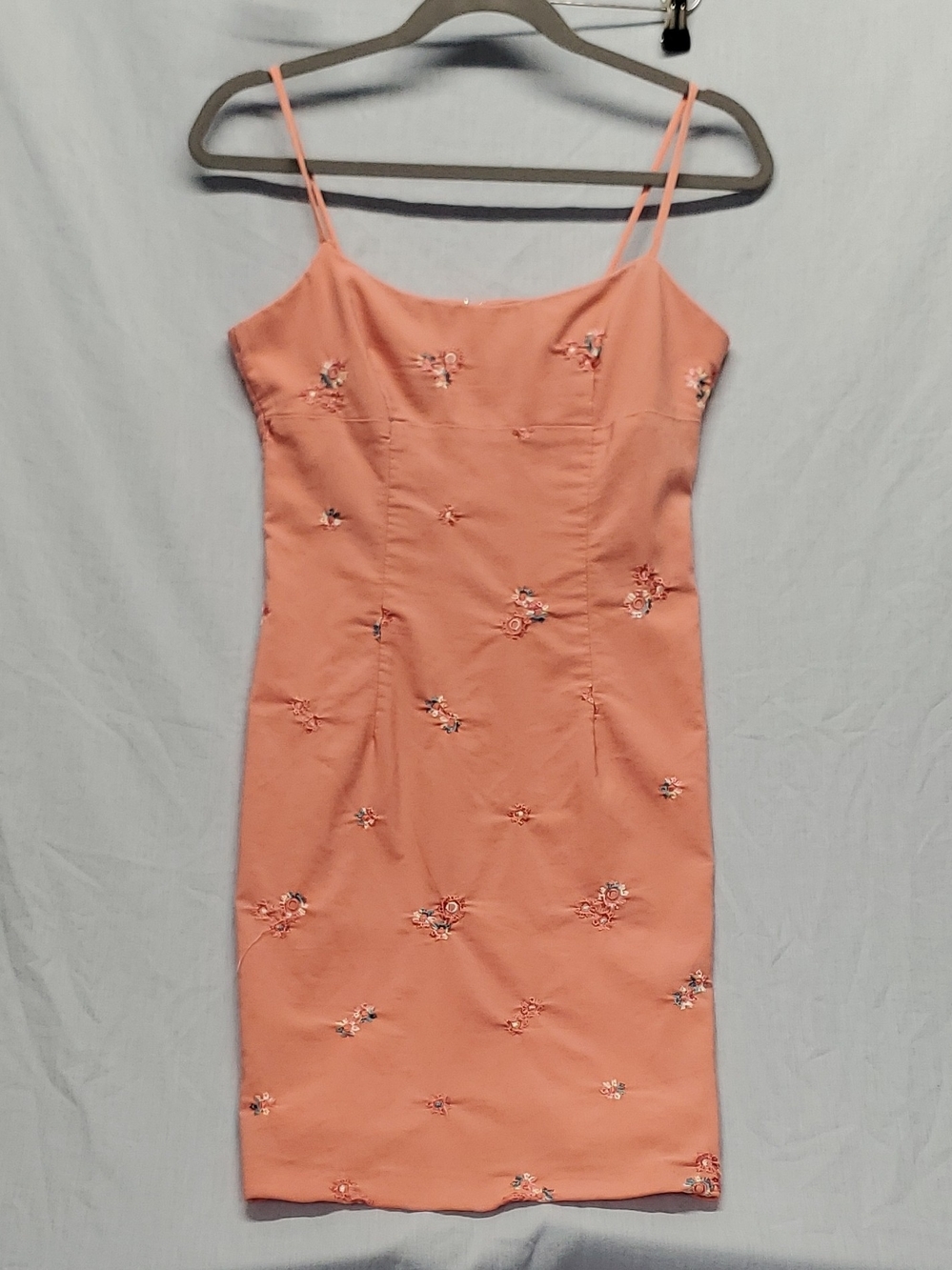 Peach Floral-Embroidered Spaghetti-Strap Mini Dress #324